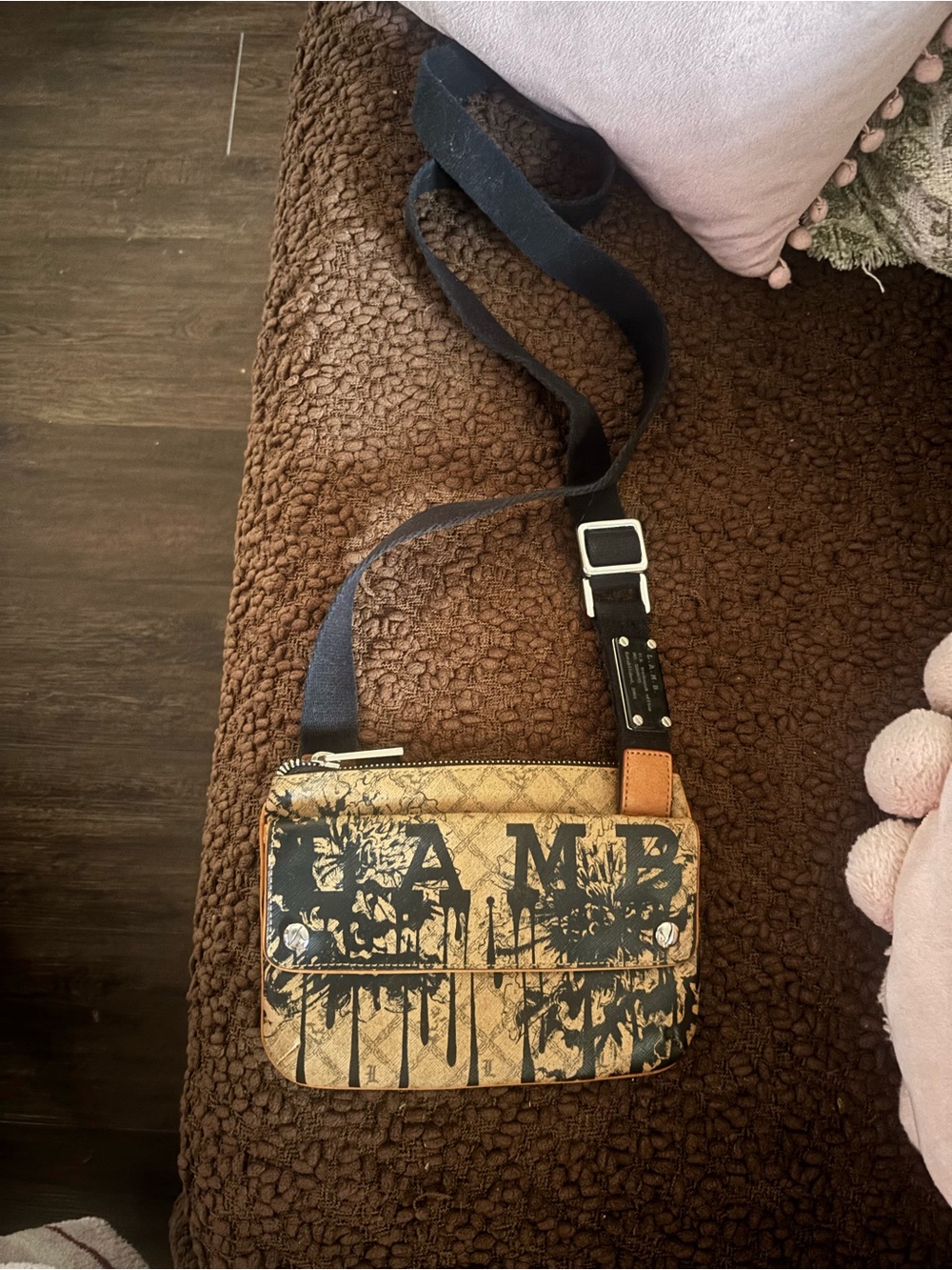 L.A.M.B. Tan and Black Graphic Canvas Crossbody Bag